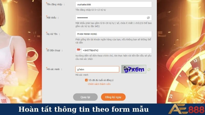 Đăng ký AE888 - Chỉ 3 bước nhanh chóng, chơi game liền! 4 Hoàn tất thông tin theo form mẫu