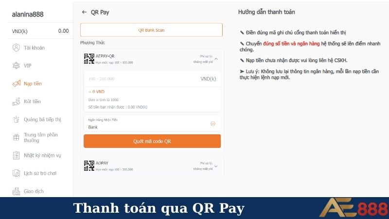 Nạp tiền AE888 - Nhận ưu đãi khủng, chơi không giới hạn! 5 Thanh toán qua QR Pay
